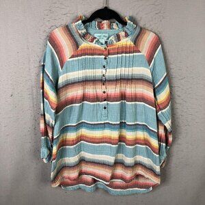 Tasha Polizzi Shirt Womens XL Multicolor Stripe Ruffle Neck Tunic Top Boho